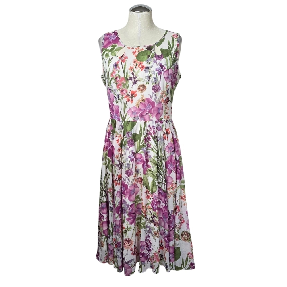 Covington Purple Green Floral Cut Out Back Zip Dress 8